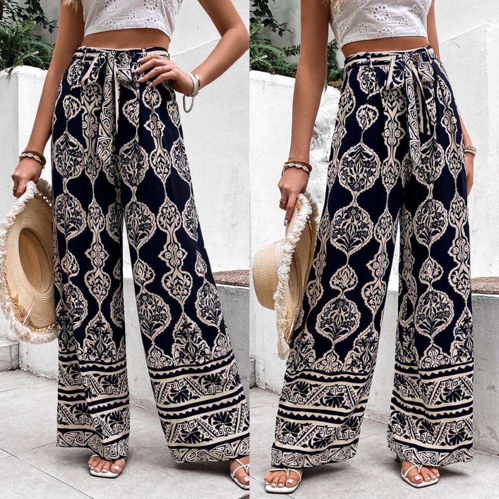 💙 BOHO NAVY IVORY ABSTRACT PRINT HIGH WAIST PANTS!
